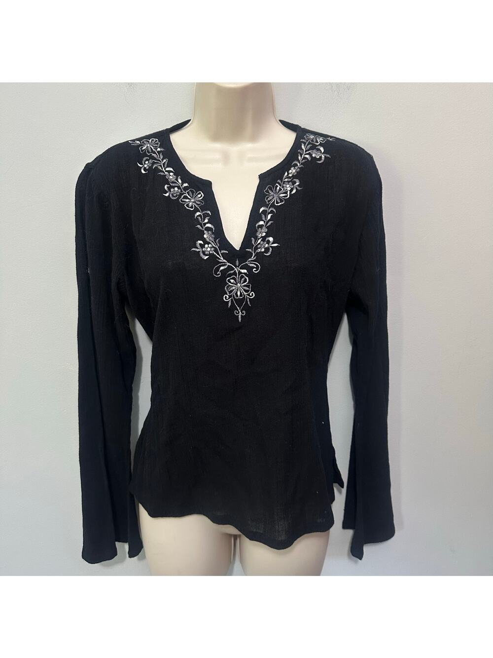 Vintage Funky People Top Womens Medium Black Gauzy Flare Sleeve Y2K Boho Chic